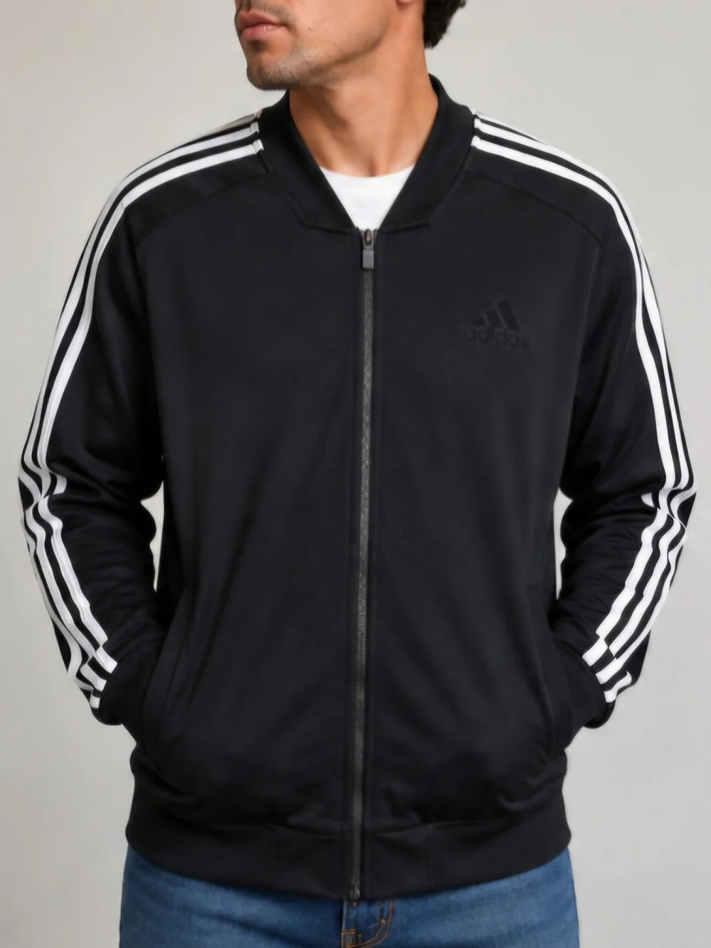 Adidas Men’s Squad ID Track Sport ID Bomber Jacket Black 3-Stripe Fits Large